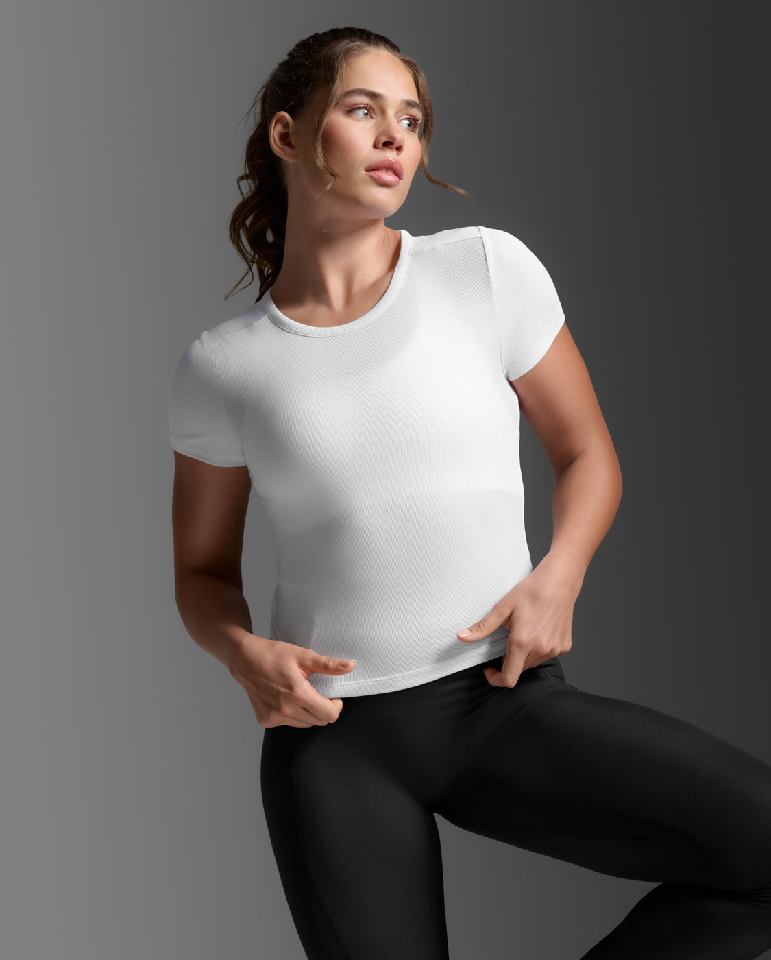 Fluid Modal Ribbed Crop Tee, White/White