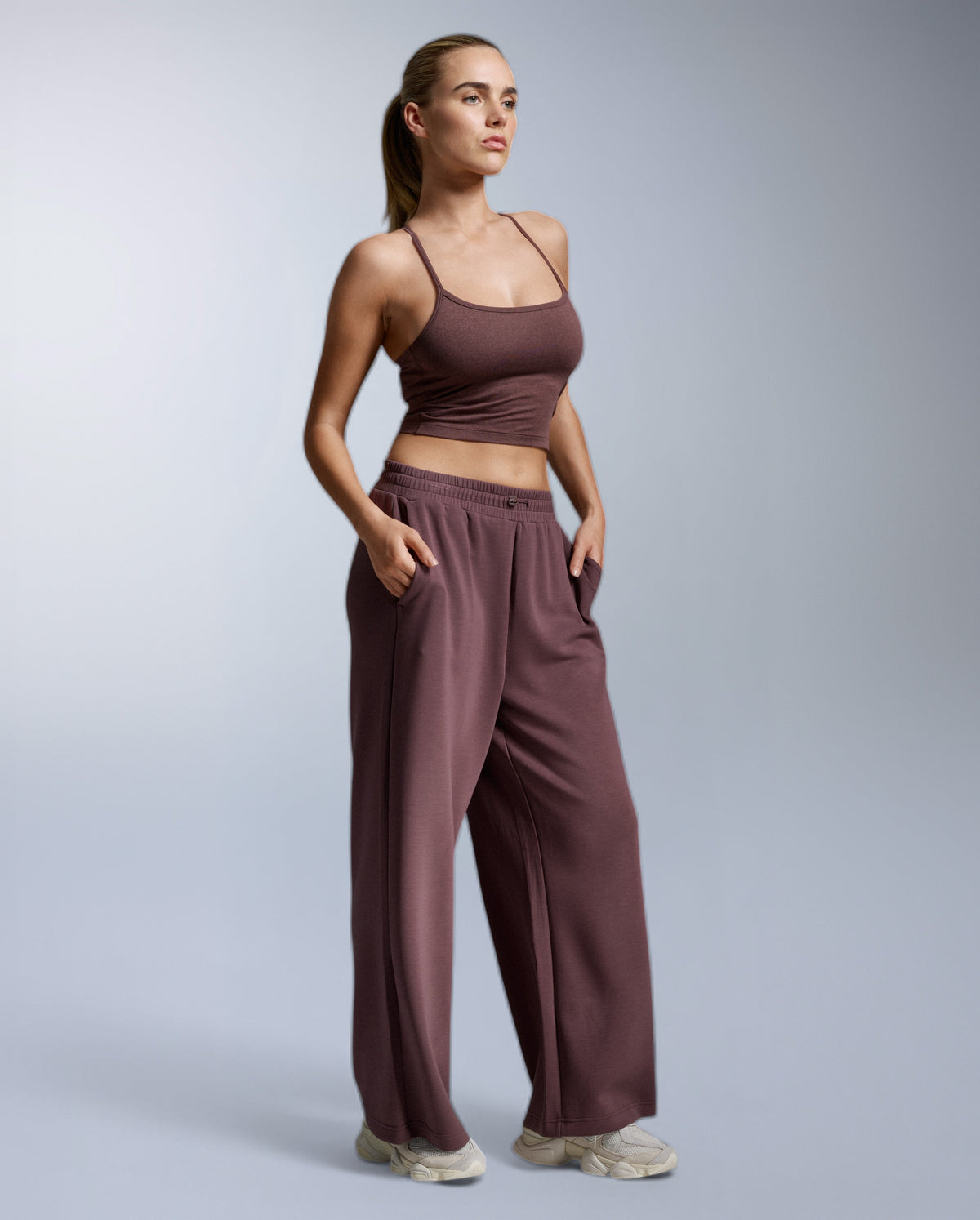 Wonderluxe Sand Washed Wide Leg Pants, Currant/White