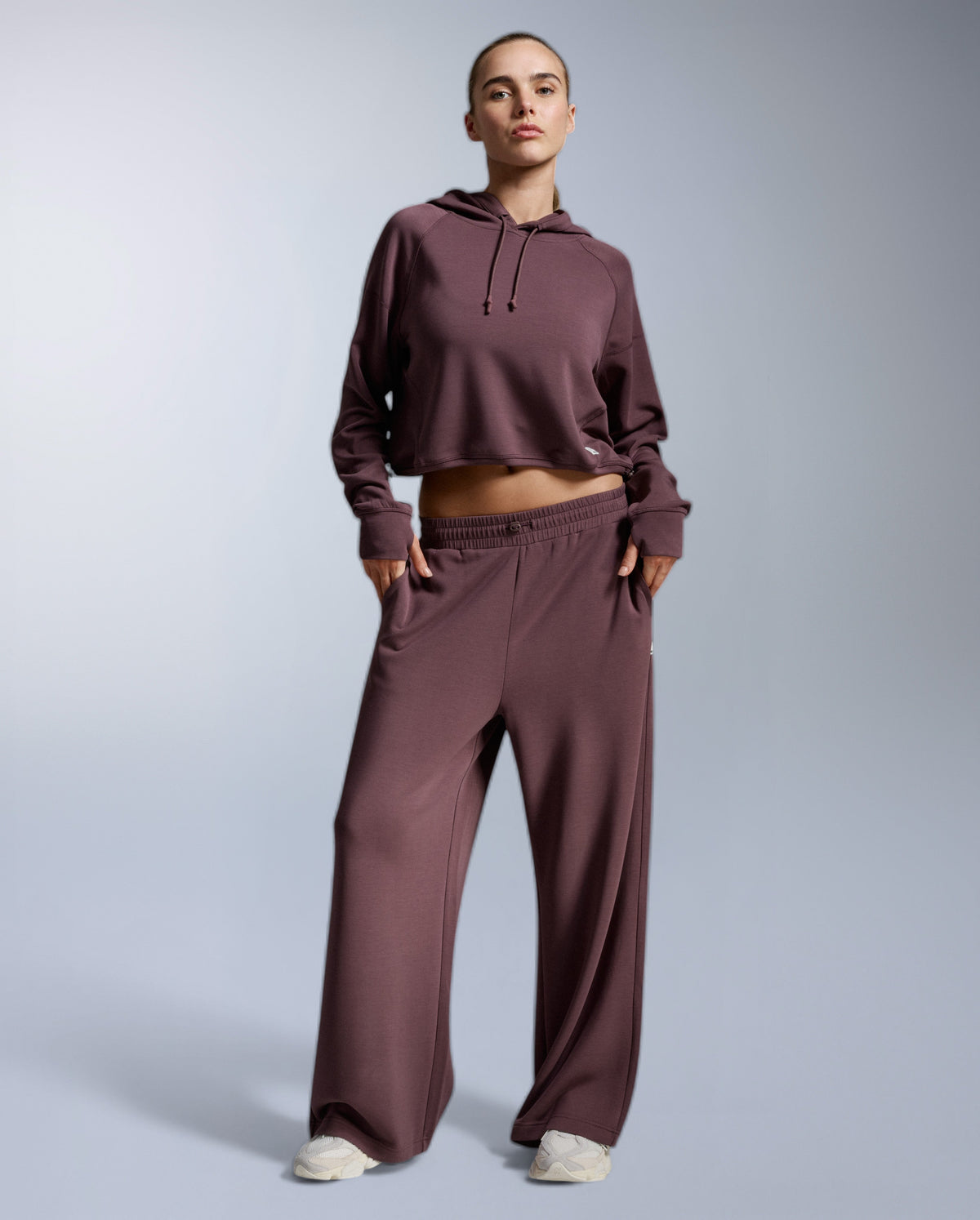 Wonderluxe Sand Washed Cropped Hoodie, Currant/White